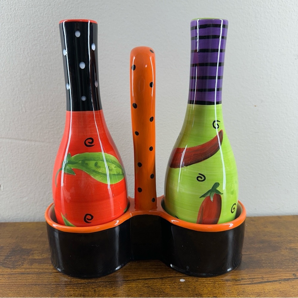 Colorful Hand Painted Ceramic Oil & Vinegar
Cruet Set with Caddy & Handle